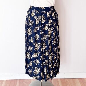 SIZE 20W / 2X Vintage 90s Floral Navy Rayon Midi Skirt